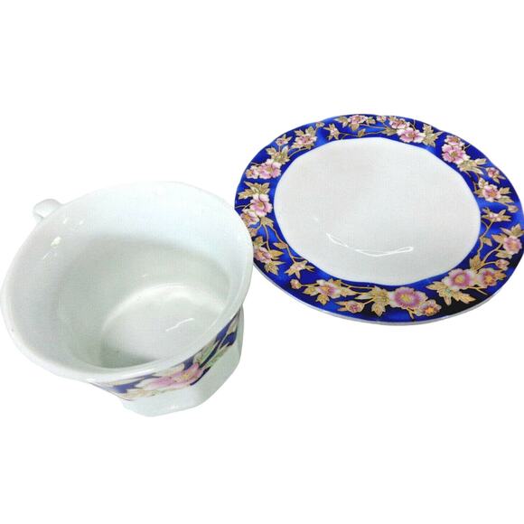 VTG Blue White 6oz DEMITASSE Espresso TEA CUP & SAUCER Pink Gold Floral TR Mark - Picture 5 of 8
